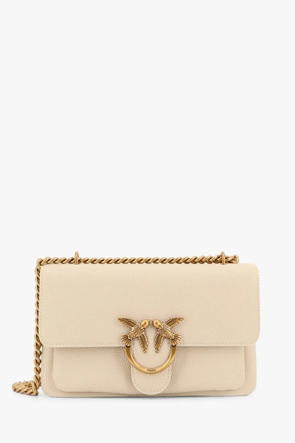 Pinko women’s leather shoulder bag in cream with gold-tone metal birds clasp and chain strap crossbody design