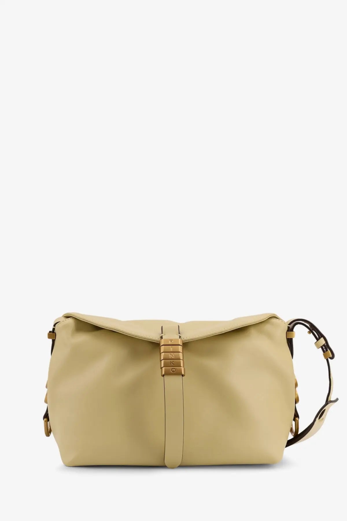 Beige leather crossbody bag with gold-tone metal clasp and adjustable strap from pinko women’s leather shoulder bag yellow collection
