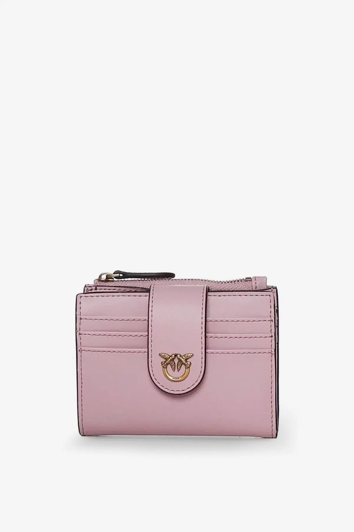 Pinko women’s leather wallet in soft pink with gold-tone bird clasp and zippered top closure