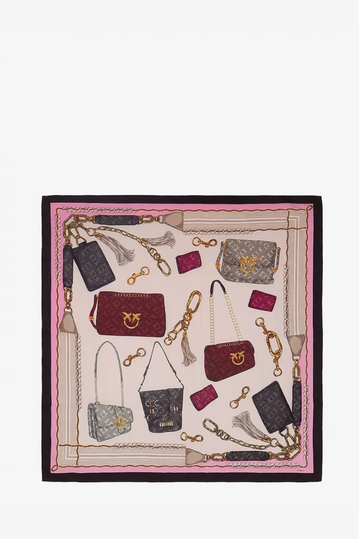 Pink silk scarf by pinko featuring a printed pattern of handbags and accessories in red gray black and gold