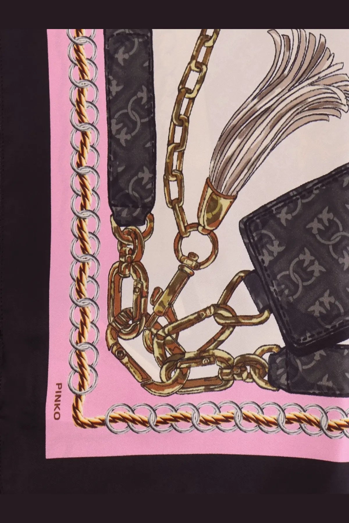 Pinko women’s limbo silk and viscose blend foulard pink scarf with gold silver chains leather straps and tassel detail