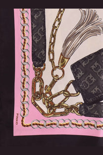 Pinko women’s limbo silk and viscose blend foulard pink scarf with gold silver chains leather straps and tassel detail