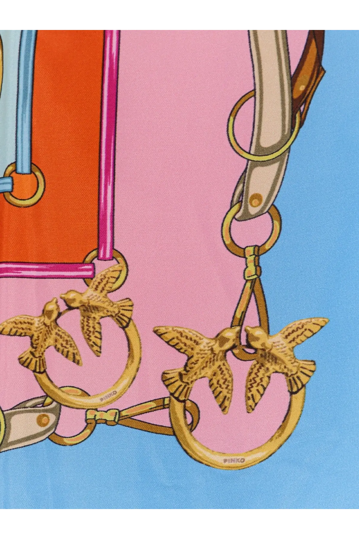 Pinko womens limbo silk and viscose blend foulard gold with gold-toned bird charms on pink and blue printed scarf