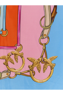 Pinko womens limbo silk and viscose blend foulard gold with gold-toned bird charms on pink and blue printed scarf