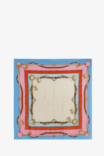 Pinko women’s limbo silk and viscose blend foulard in vibrant pink and blue with gold horsebit chain and cream center
