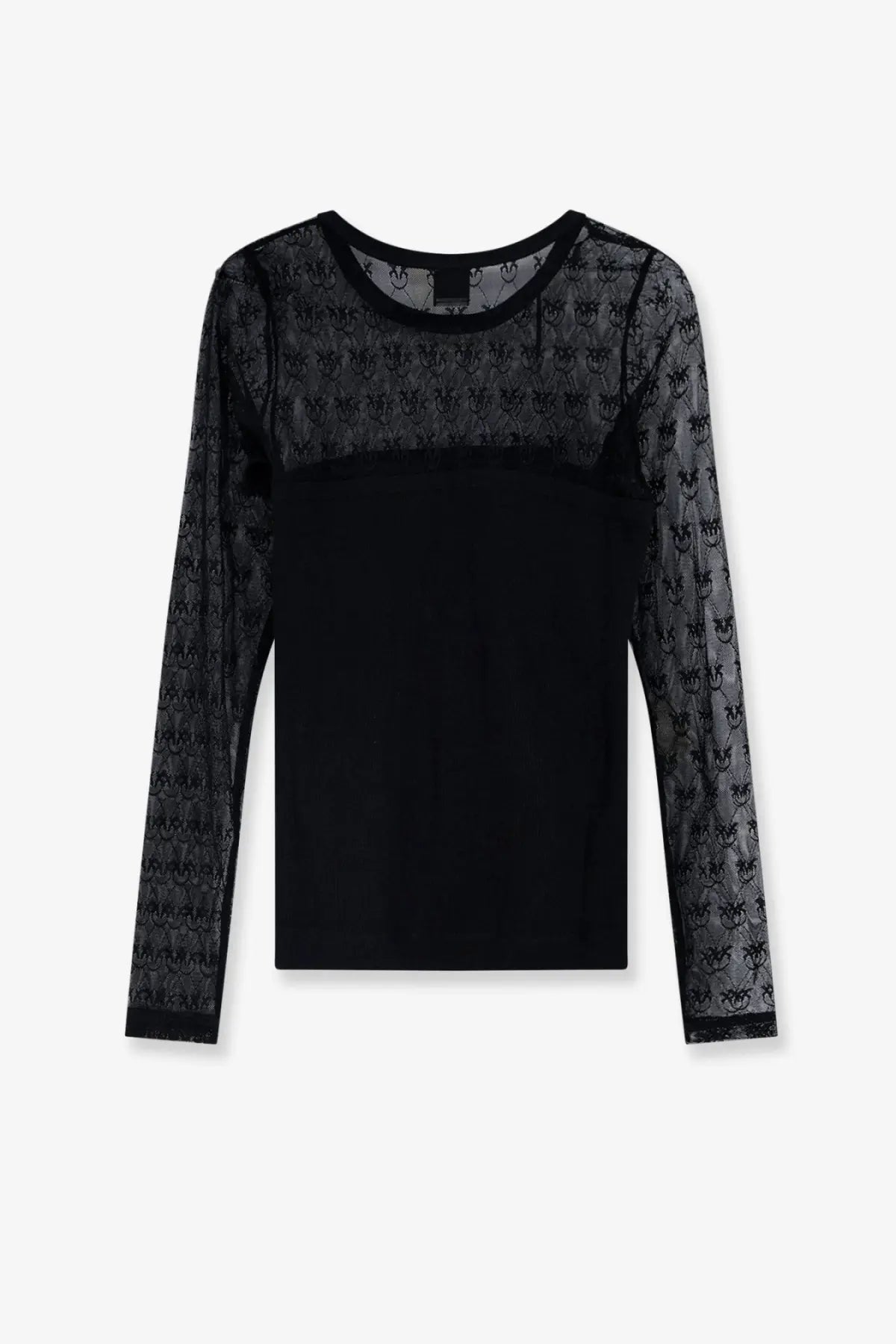 Pinko women’s love birds lace jersey sweater in black featuring sheer lace panels with a repeating pattern