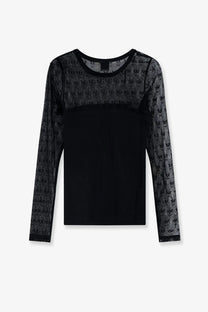 Pinko women’s love birds lace jersey sweater in black featuring sheer lace panels with a repeating pattern