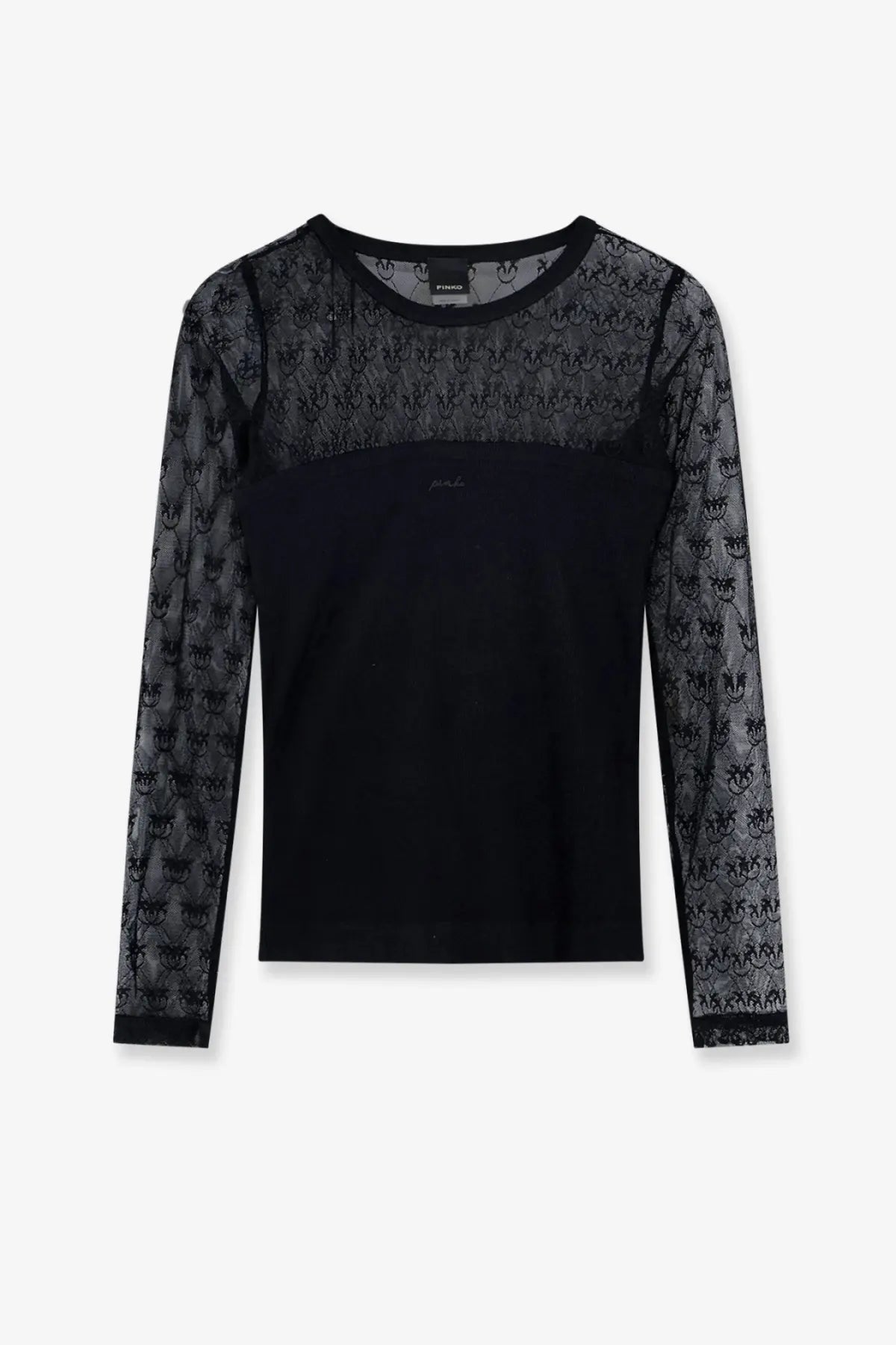 Pinko women’s love birds lace jersey sweater black featuring sheer lace panels with small stylized faces pattern