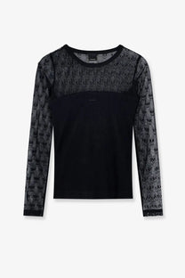 Pinko women’s love birds lace jersey sweater black featuring sheer lace panels with small stylized faces pattern