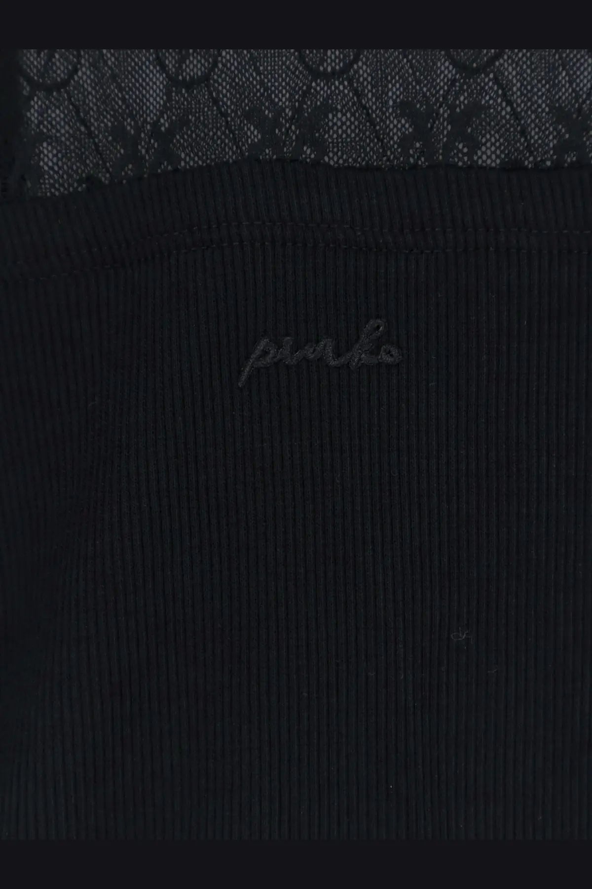 Pinko women’s love birds lace jersey sweater in black ribbed knit with delicate black lace trim at the neckline