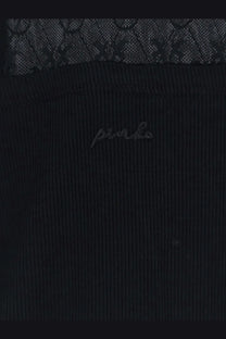 Pinko women’s love birds lace jersey sweater in black ribbed knit with delicate black lace trim at the neckline