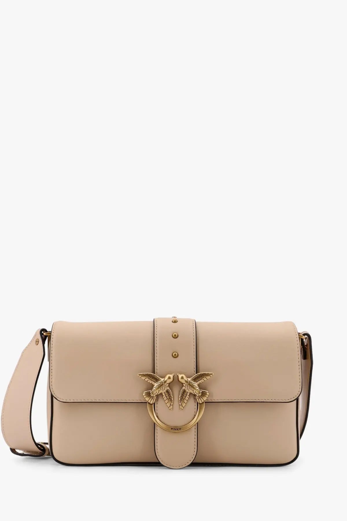 Pinko women’s love one classic beige leather crossbody bag with gold-tone bird clasp and matching strap