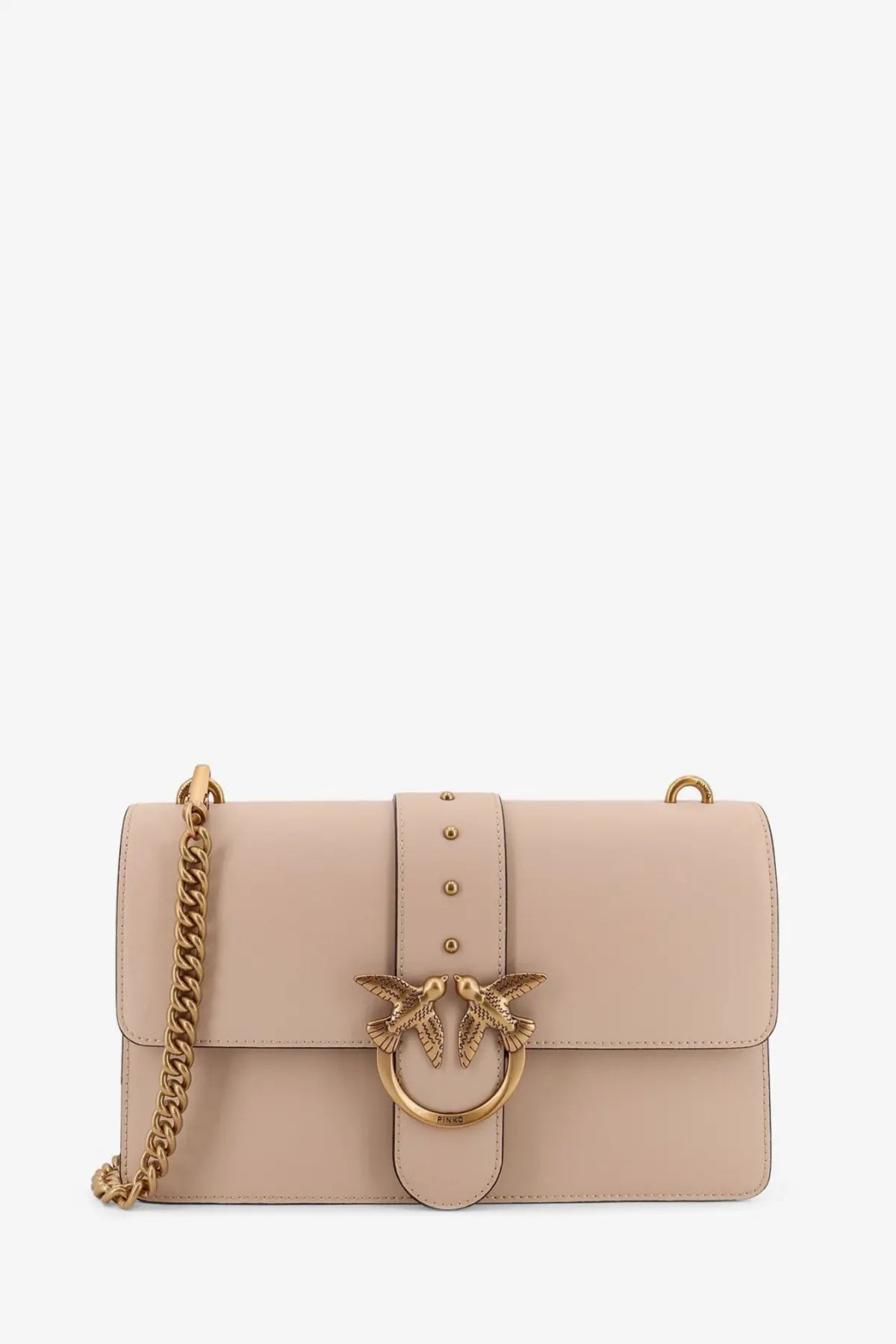 Pinko women’s love one leather crossbody bag in blush pink with gold-tone chain strap and bird clasp detailing