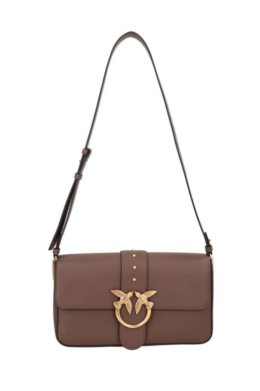 Pinko women’s love medium bag brown featuring brown leather crossbody design with gold-tone bird clasp and matching strap