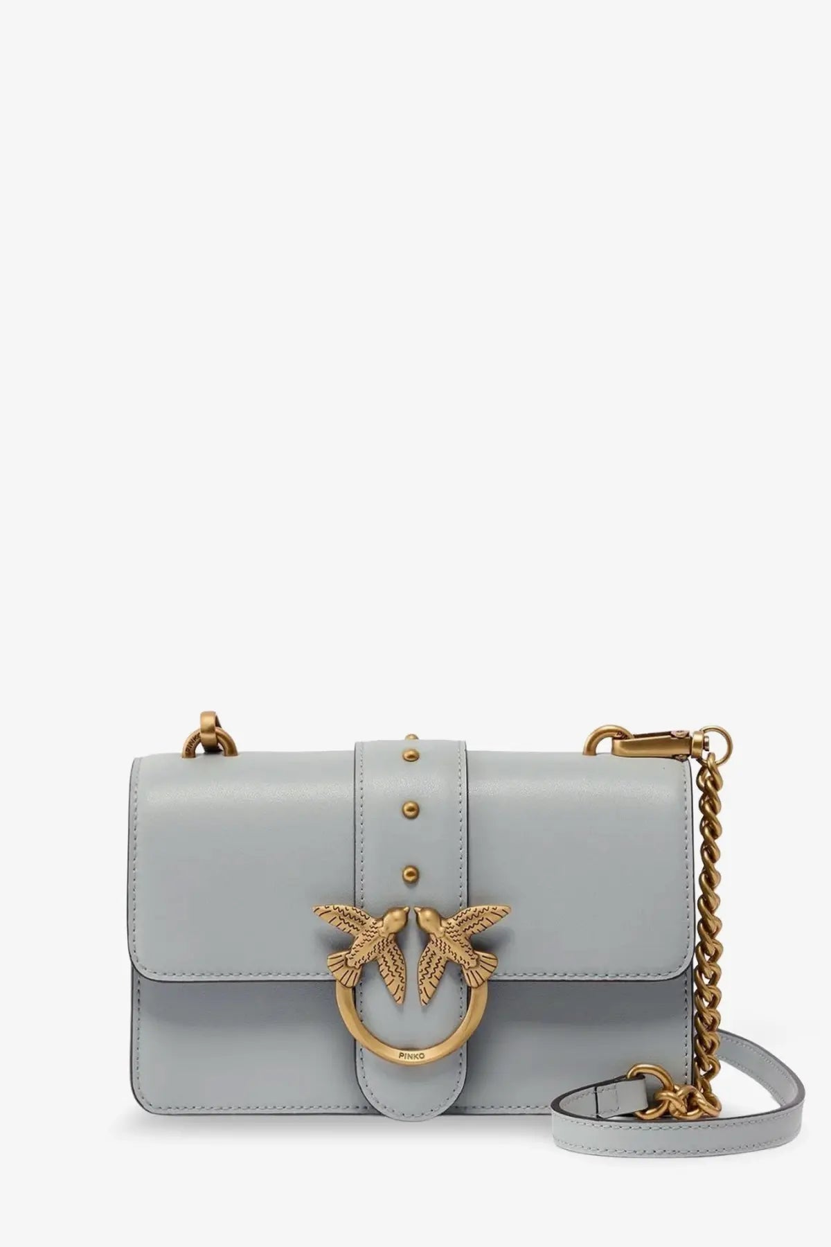 Pinko women’s love one mini leather crossbody bag in light blue with gold-tone bird clasp and chain strap