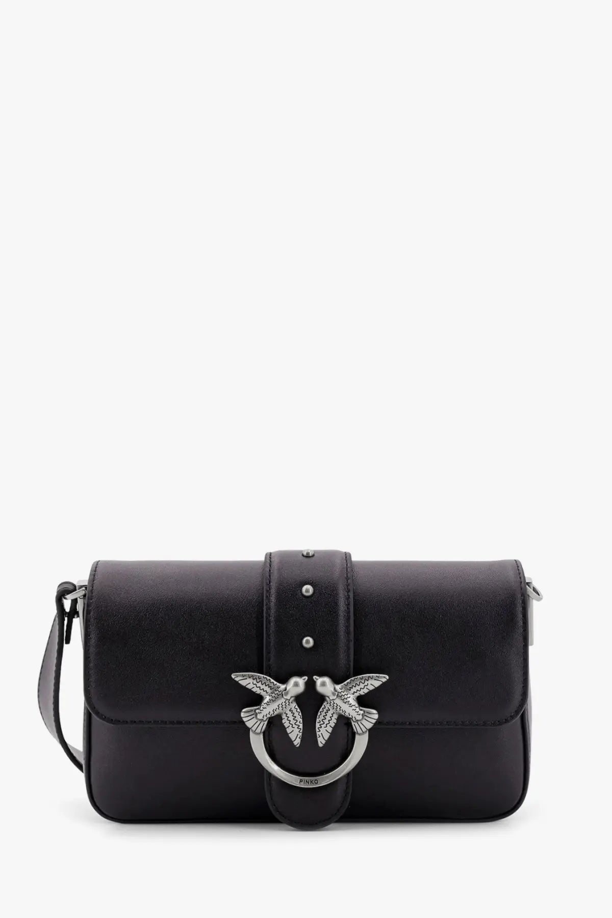 Pinko women’s love one mini black leather shoulder bag with silver-tone bird clasp engraved with brand name
