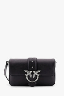 Pinko women’s love one mini black leather shoulder bag with silver-tone bird clasp engraved with brand name