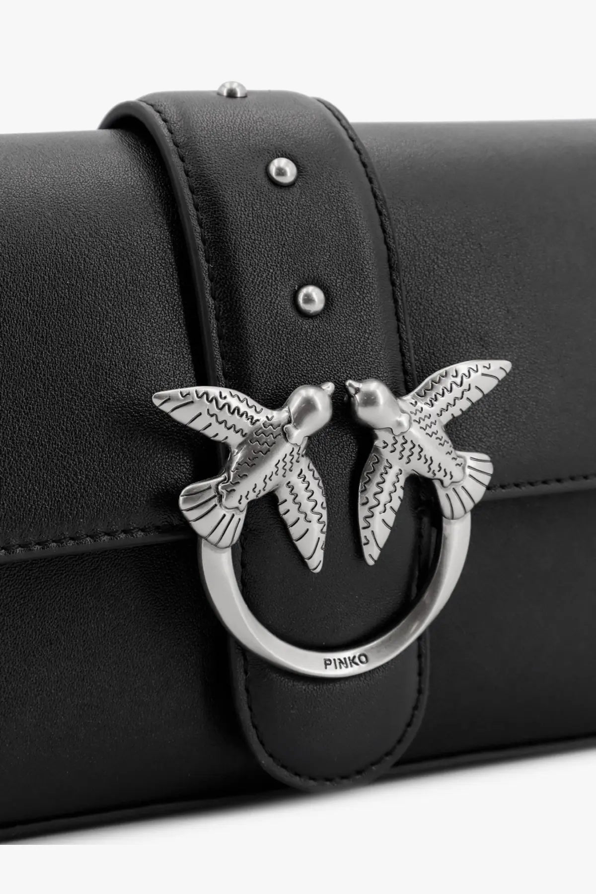 Pinko women’s love one mini black leather shoulder bag with silver-tone clasp featuring two detailed hummingbirds