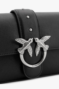 Pinko women’s love one mini black leather shoulder bag with silver-tone clasp featuring two detailed hummingbirds