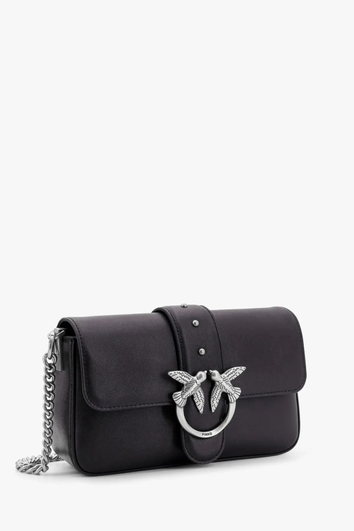 Pinko women’s love one mini black leather crossbody bag with silver-tone bird clasp and chain strap