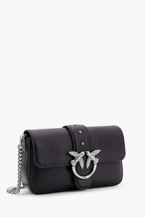 Pinko women’s love one mini black leather crossbody bag with silver-tone bird clasp and chain strap