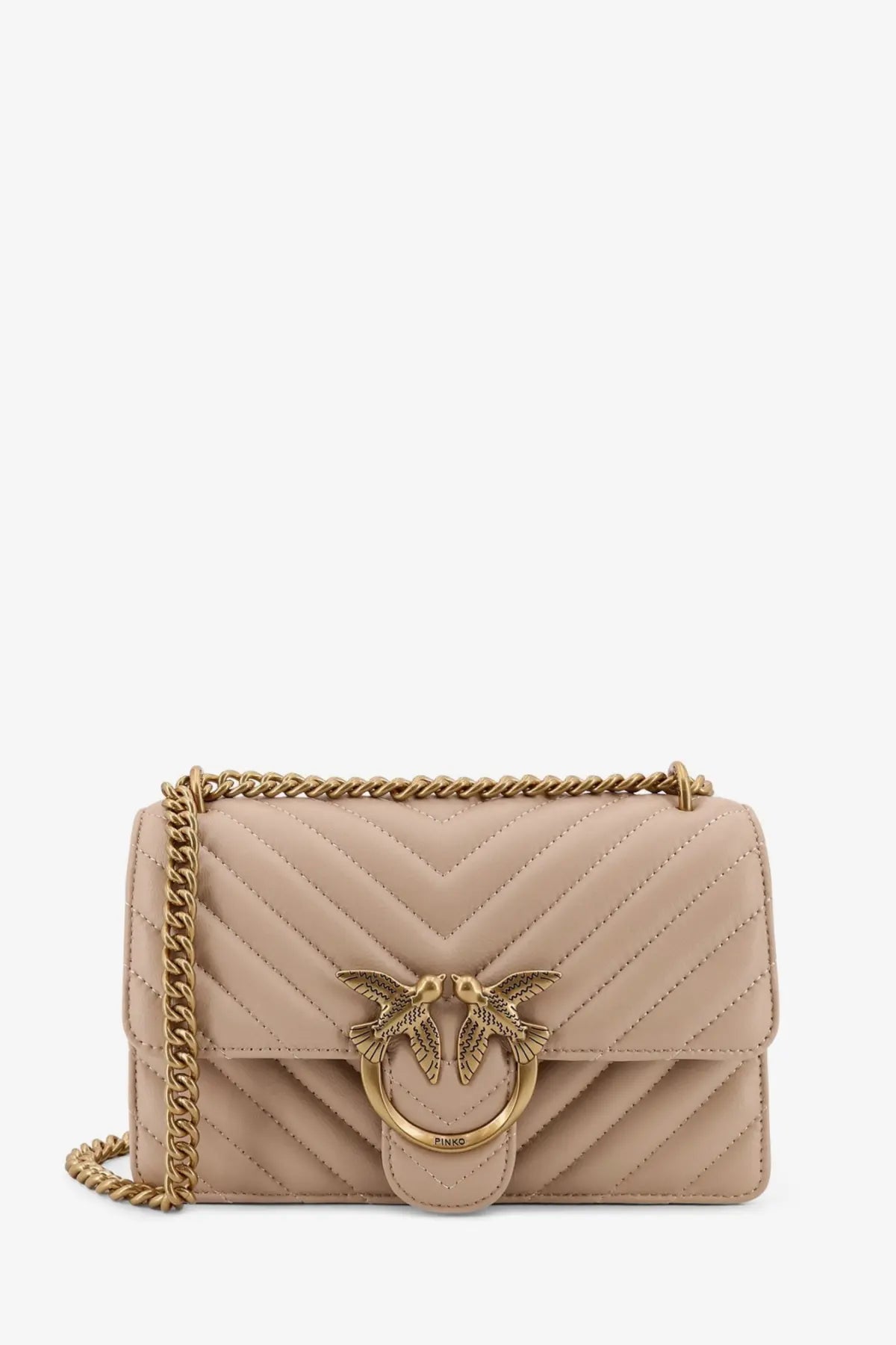 Pinko women’s love one mini beige quilted leather crossbody bag with gold chain strap and bird clasp