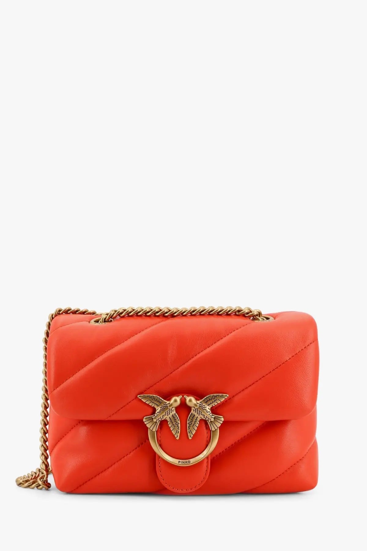 Pinko women’s vibrant orange quilted leather crossbody bag with gold-tone chain strap and iconic bird clasp