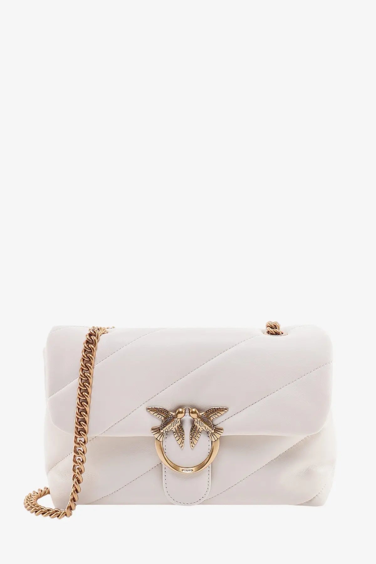 Pinko women’s white matelassé leather shoulder bag with quilted design gold-tone bird clasp and chain strap