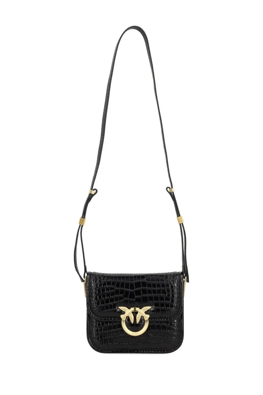 Pinko women’s mini love bag black crossbody bag in black crocodile-embossed leather with gold-tone bird clasp