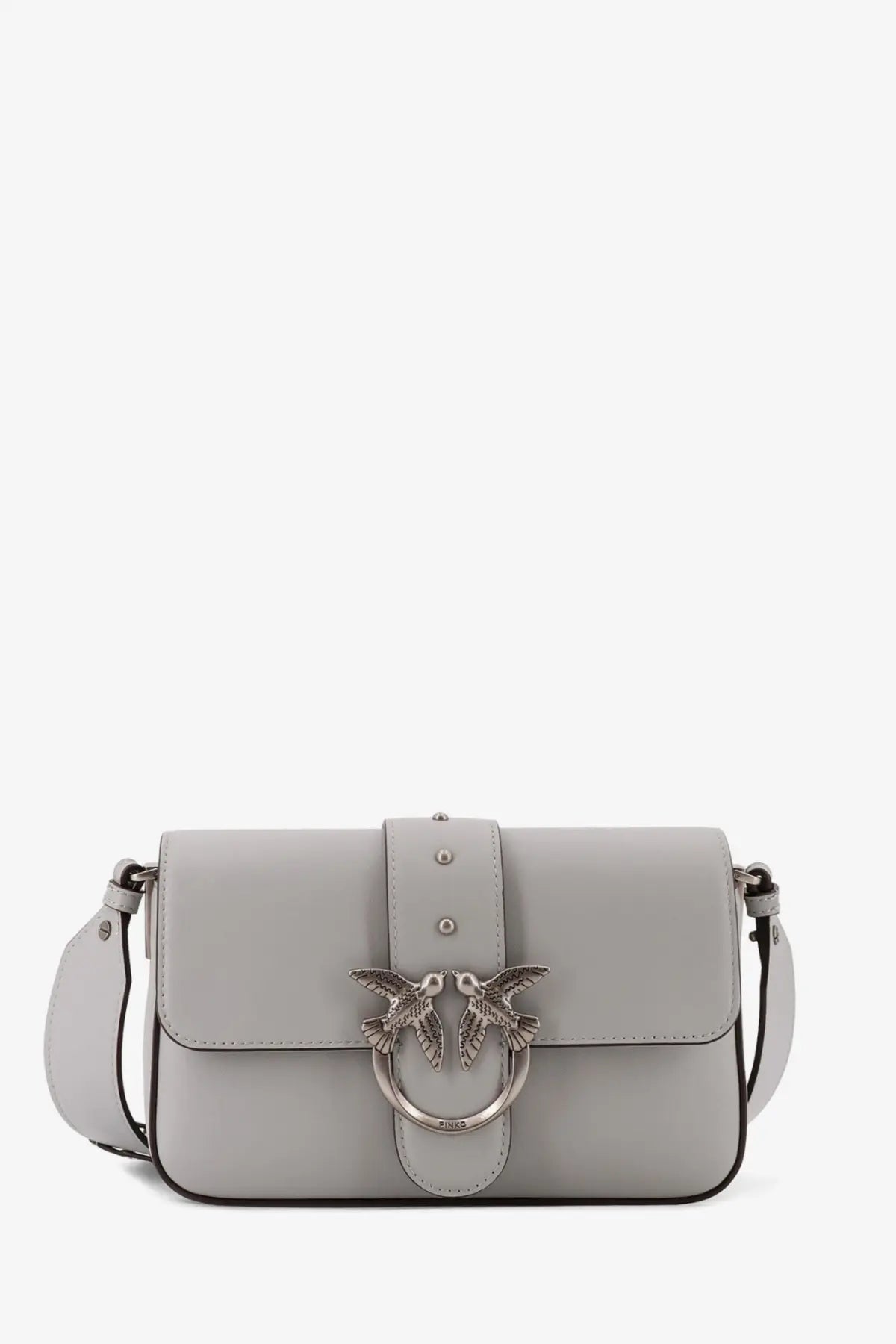Pinko women’s mini love bag leather crossbody bag in light gray with silver bird clasp engraved with brand name