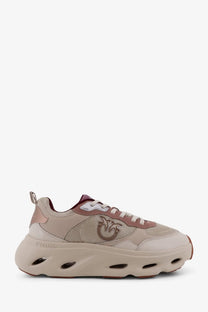 Pinko women’s nylon sneakers in beige and burgundy with chunky sole mesh upper and metallic logo detail on the side