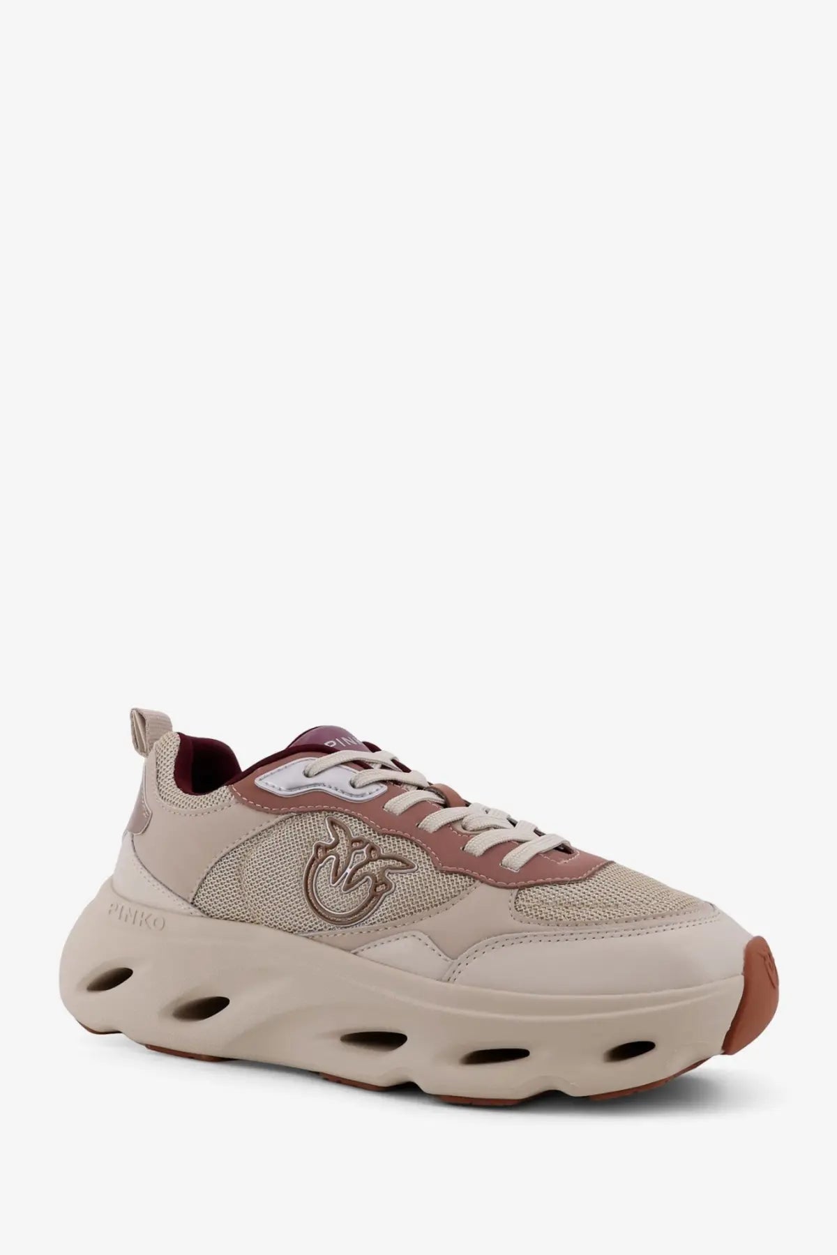 Pinko women’s nylon sneakers in beige and dusty rose with mesh suede accents and bold side logo