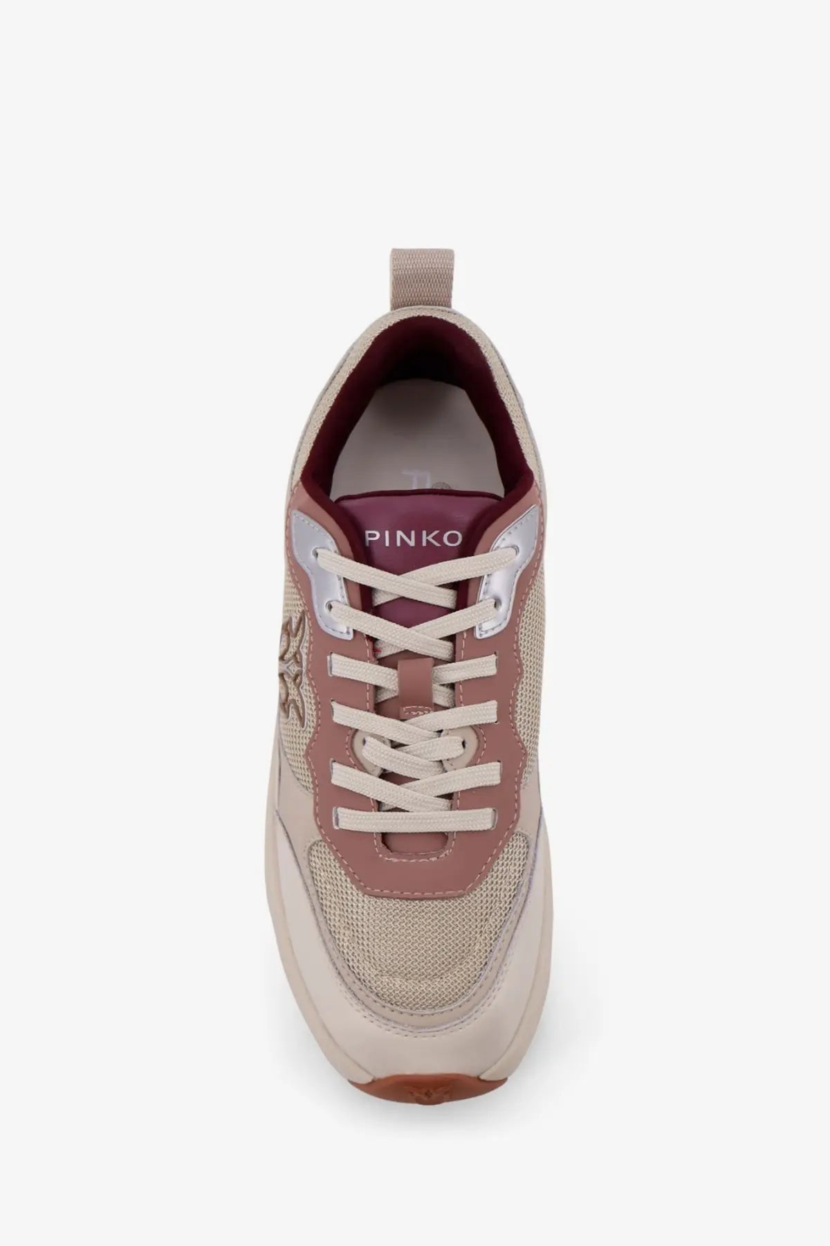 Pinko women’s nylon sneakers in beige and maroon with mesh and leather panels silver eyelets and chunky sole