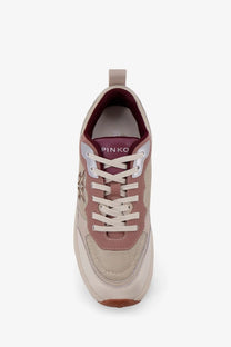 Pinko women’s nylon sneakers in beige and maroon with mesh and leather panels silver eyelets and chunky sole