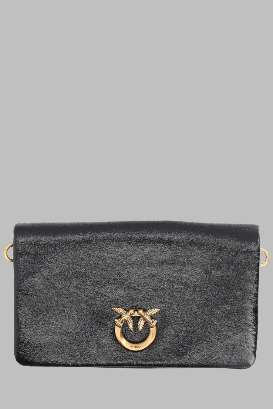 Pinko womens pochette small con black leather clutch with gold-tone bird clasp and matching circular ring