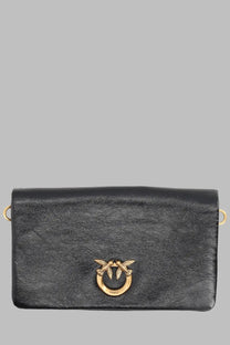 Pinko womens pochette small con black leather clutch with gold-tone bird clasp and matching circular ring