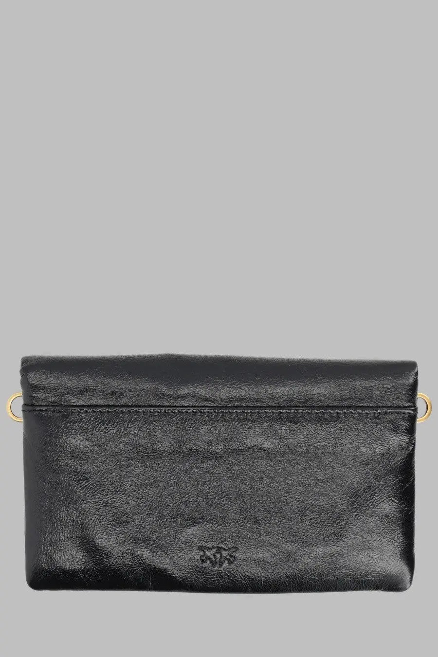 Pinko women’s pochette small con black leather crossbody wallet with gold tone metal rings and subtle embossed logo