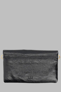 Pinko women’s pochette small con black leather crossbody wallet with gold tone metal rings and subtle embossed logo
