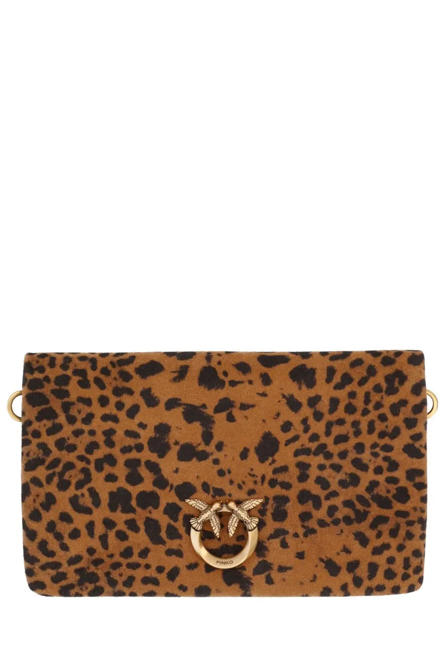 Pinko women’s pochette small con tracolla clutch in brown leopard print with gold-tone bird clasp and hardware