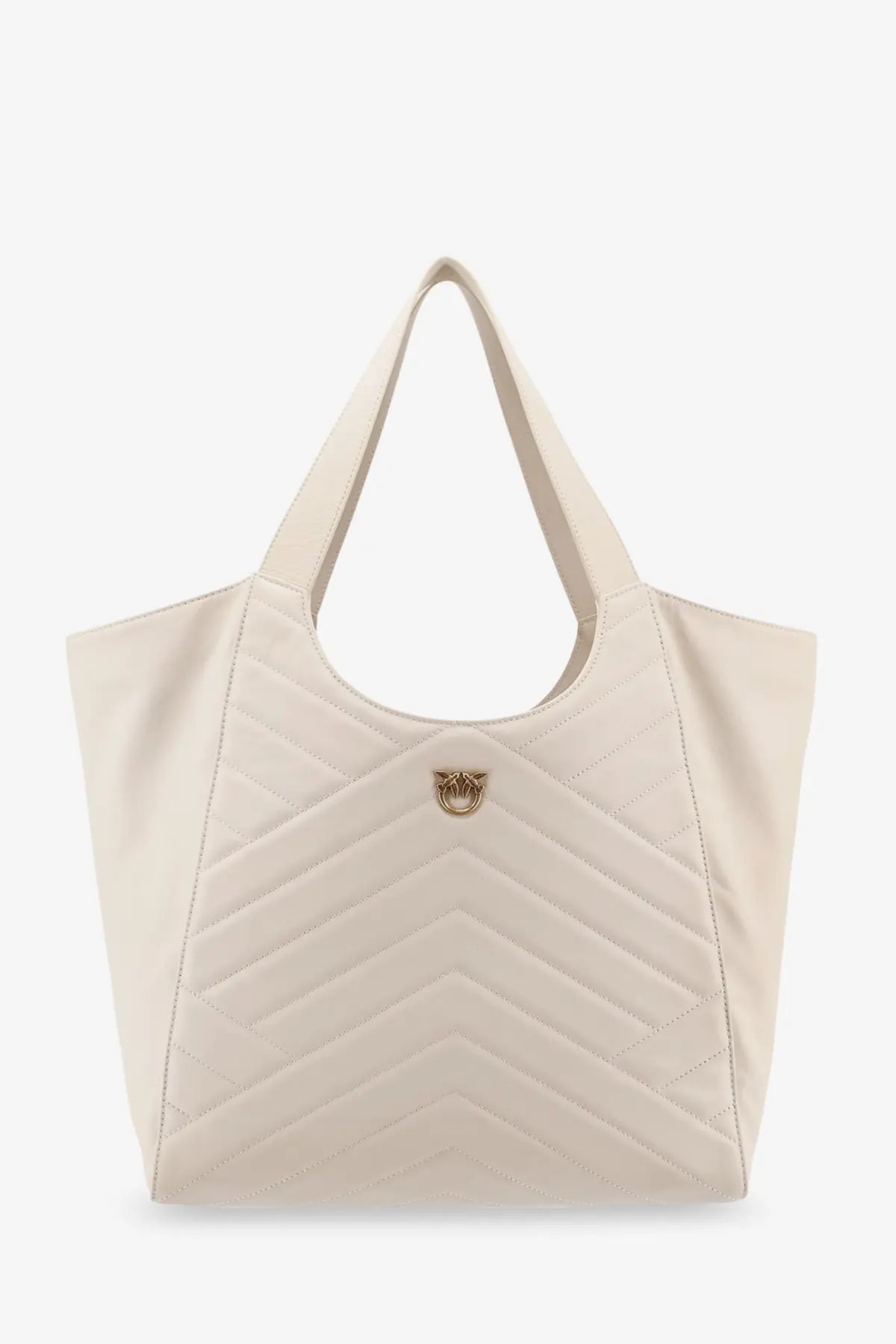 Cream-colored Pinko women’s leather tote bag with chevron-quilted front panel and gold-tone metallic logo clasp