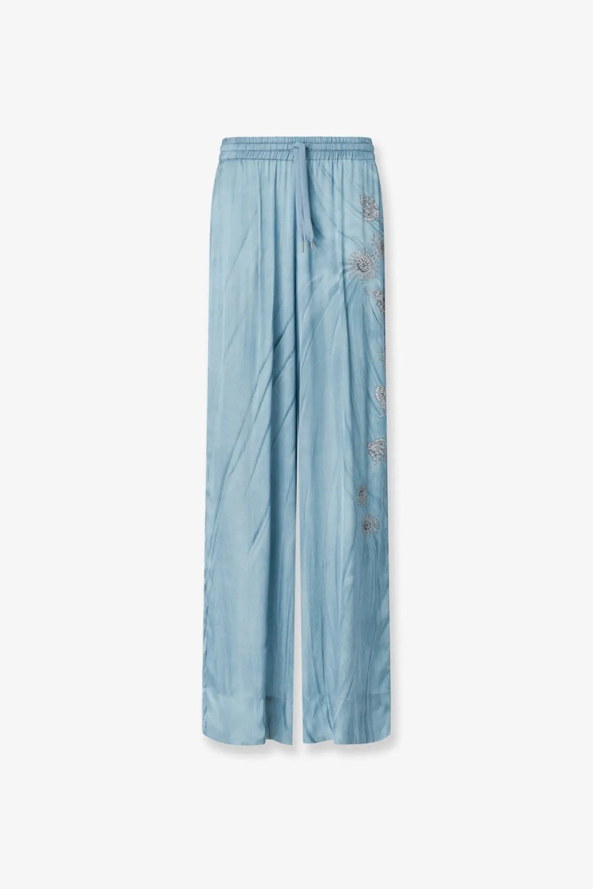 Pinko women’s rikky viscose light blue satin wide-leg trousers with delicate floral embroidery along side seam