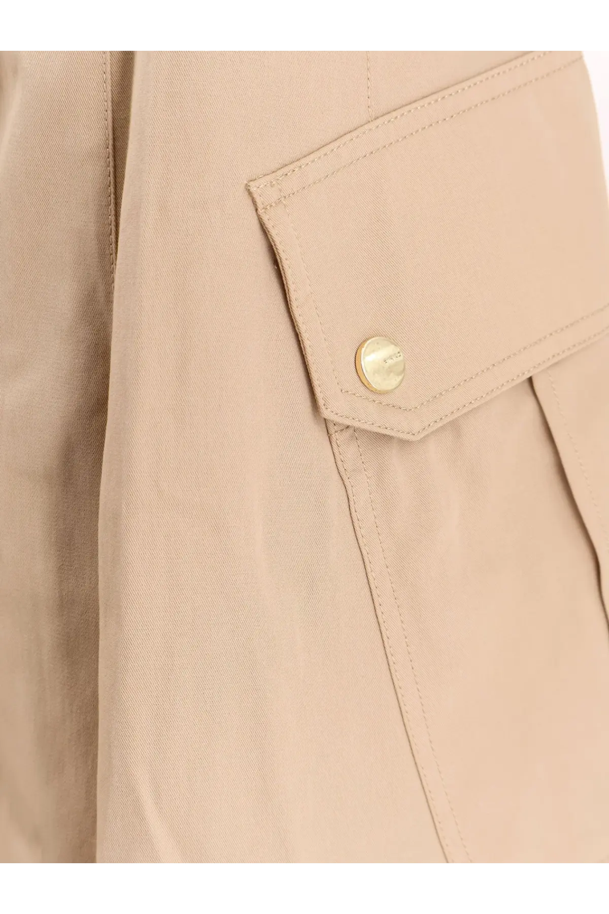 Beige pinko women’s canvas jacket with gold-toned button on front pocket flap paired with rosalin cotton trousers