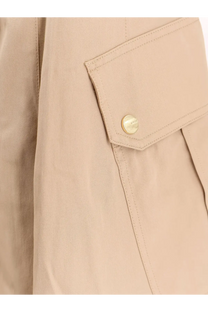 Beige pinko women’s canvas jacket with gold-toned button on front pocket flap paired with rosalin cotton trousers