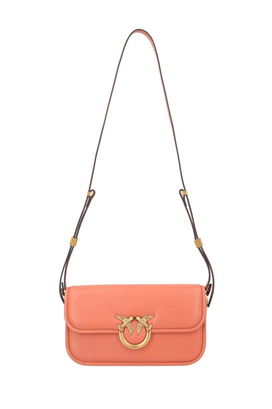 Pinko women’s small love bag in coral leather with gold-tone bird clasp and adjustable crossbody strap