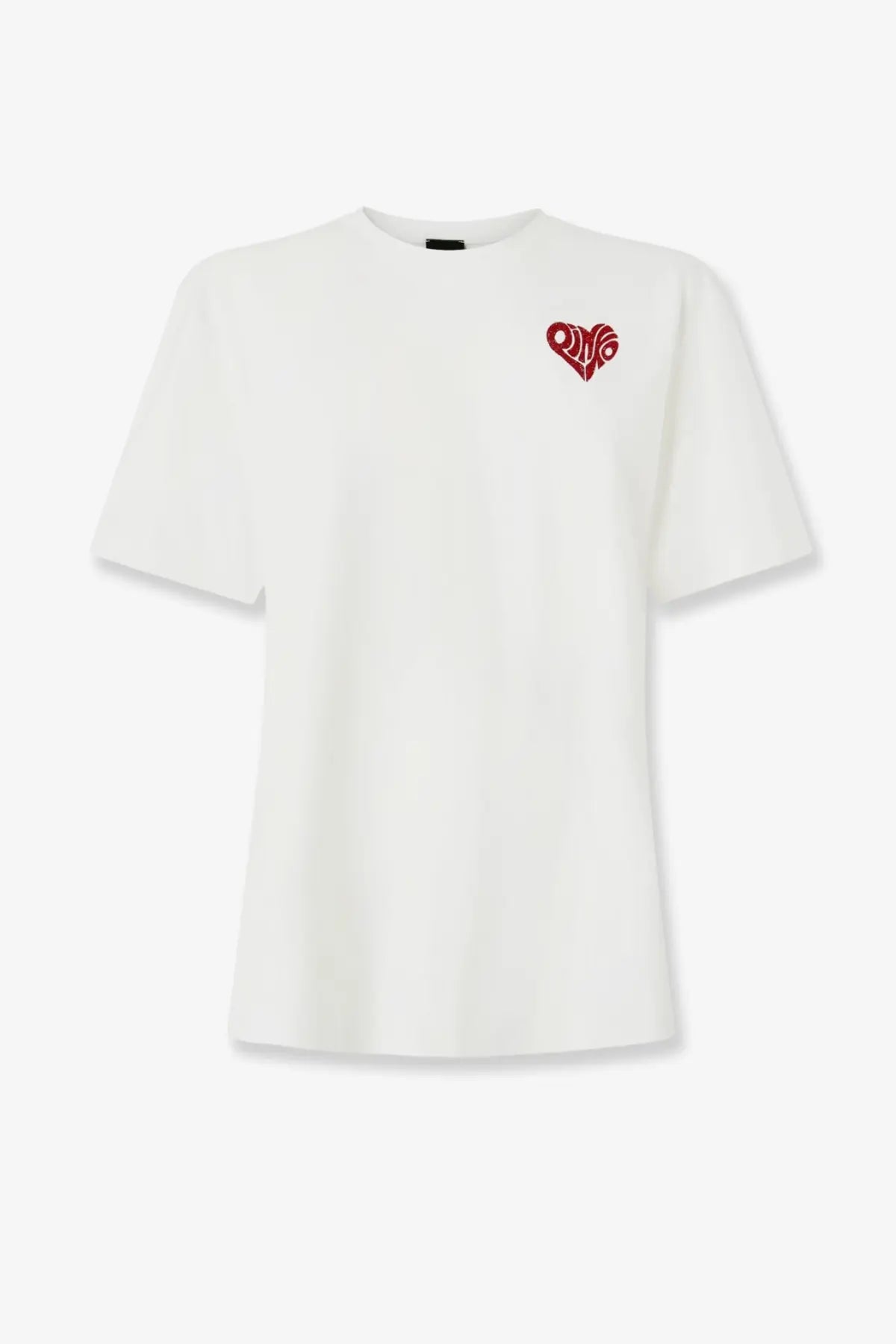 Pinko women’s strepitoso white cotton t-shirt with a red embroidered heart and love stitched inside