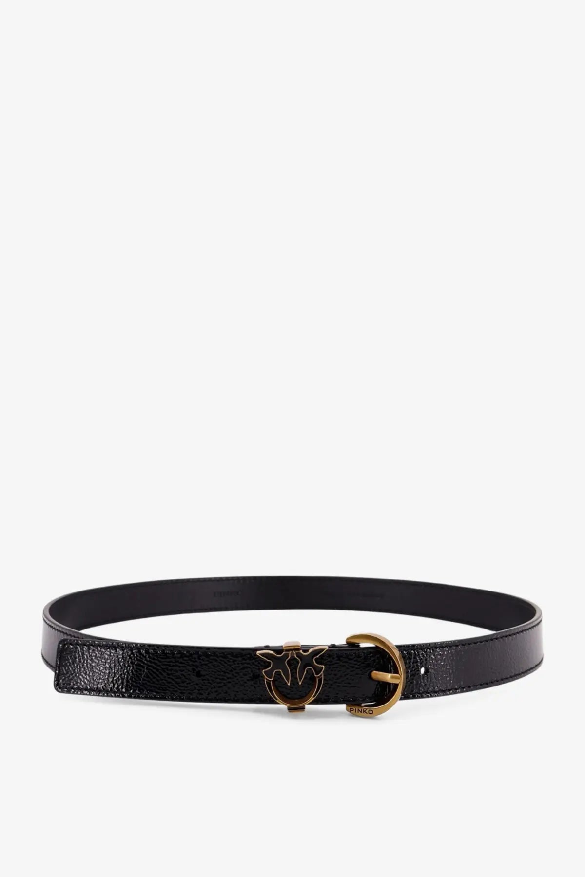 Pinko women’s tamboril black leather belt with black textured leather and gold tone paco rabanne logo buckle