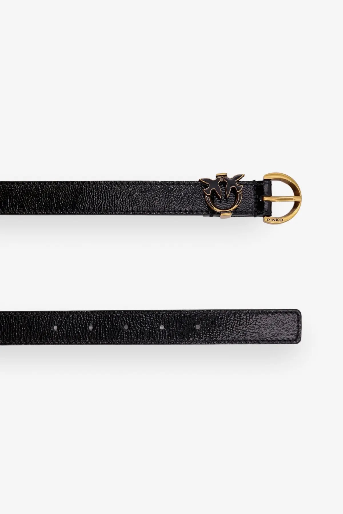 Black textured leather Pinko women’s Tamboril belt with gold-tone buckle featuring Pinko logo