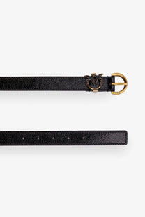 Pinko women’s tamboril black leather belt with textured finish and gold-tone buckle featuring the Pinko logo