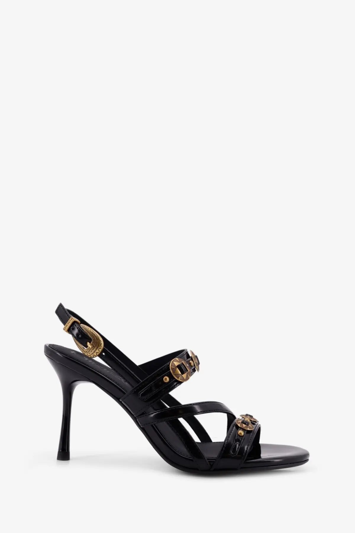 Pinko women’s vanda black patent leather sandals with gold-tone buckle accents and a slender high heel