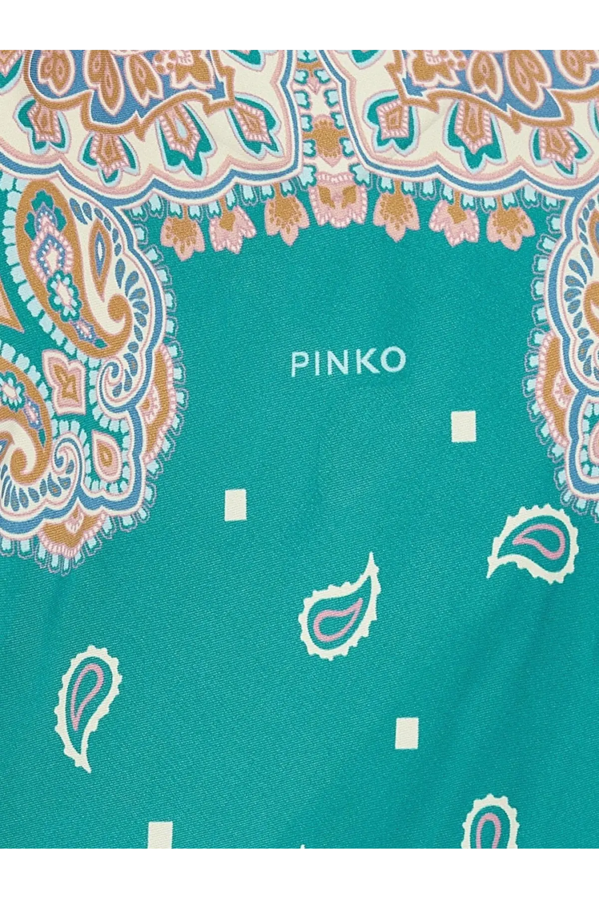 Teal-colored bandana with intricate paisley and floral patterns paired with pinko womens viscose and silk blend synchro top gold
